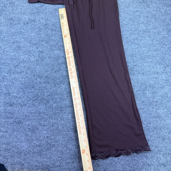 Womens Brown Ribbed Pinstripe Wide Leg Lace Detail Lounge Pants Drawstring Sz M - Picture 6 of 7